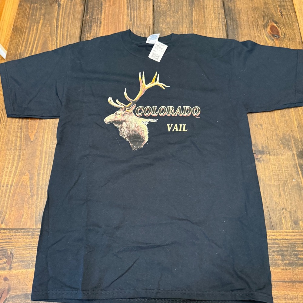 Gildan Colorado Vail Elk Graphic T-Shirt Mens Large Black Cotton Souvenir Tee